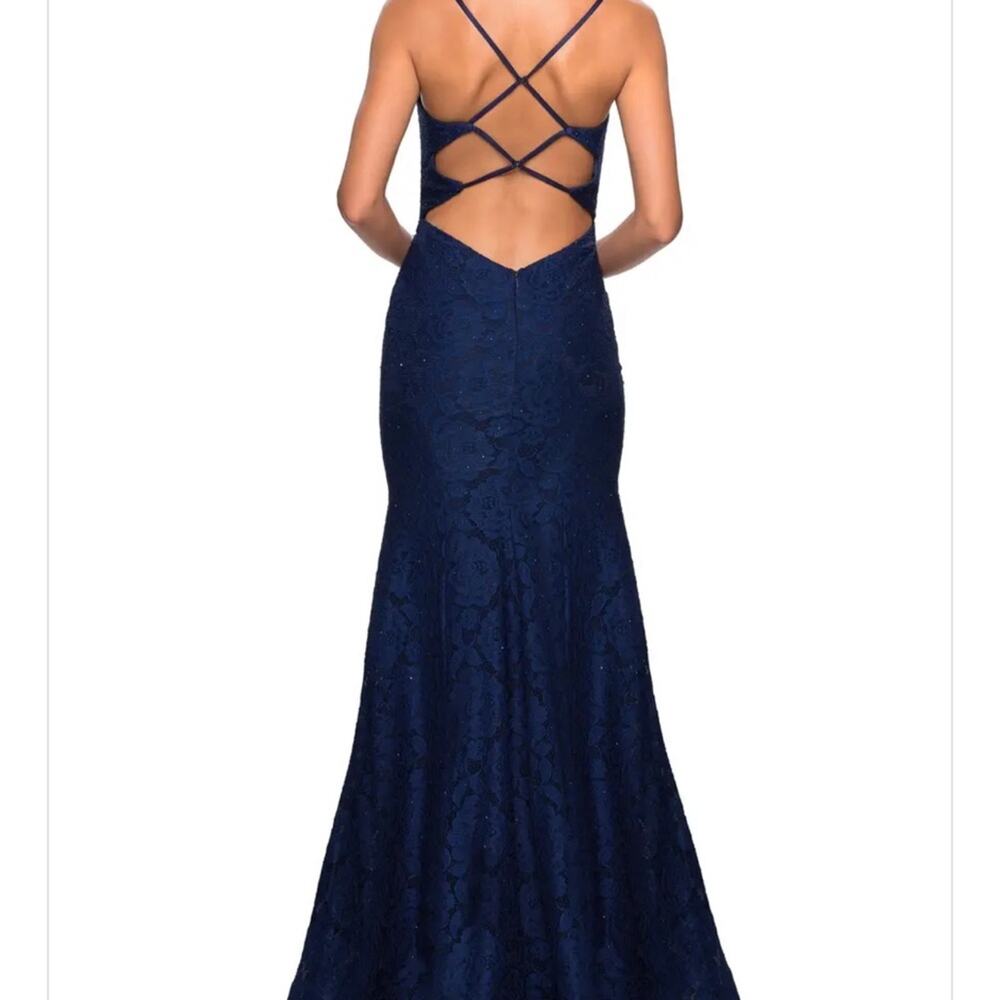 NEW La Femme Navy Blue Lace Mermaid Formal Dress Gown - Picture 7 of 8